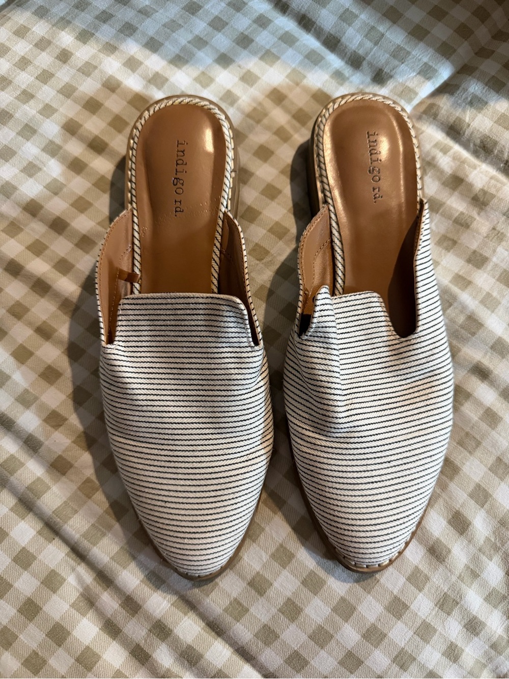 Indigo Striped Slip-On Mules in White and Black